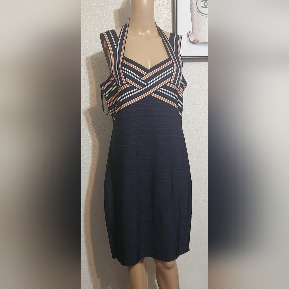 Guess Navy Blue Midi Dress with Cream and Pink Stripes